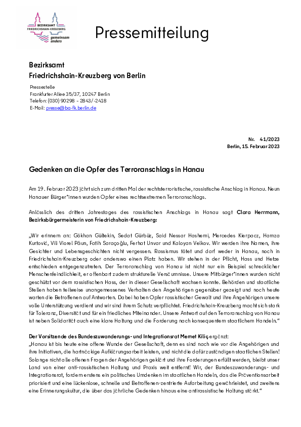 Pressemitteilung des Bezirksamt Friedrichshain-Kreuzberg zum Gedenken an die Opfer des Terroranschlags in Hanau