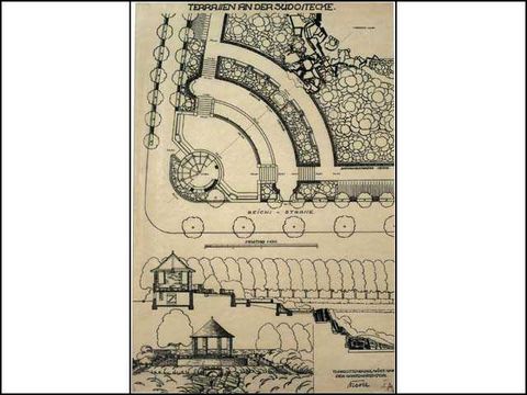 Erwin Barth - Sachsenplatz (Brixplatz), Entwurf zu den Terrassen in der Südostecke mit Pavillon, M 1:100, 1919, Tusche/Transp.
