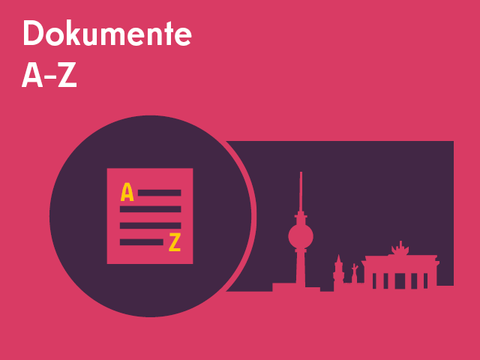 Illustration: im Inneren eines Kreises Blatt Papier mit den Buchstaben A und Z, rechts davon Sehenswürdigkeiten von Berlin