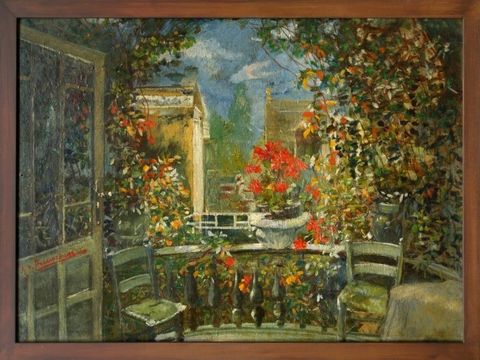 Bildvergrößerung: Gemälde eines Balkons mit zwei Stühlen, umrahmt von vielen Blumen und Pflanzen.