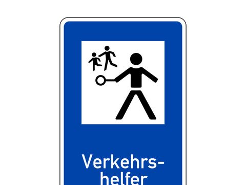 Bildvergrößerung: blaues Verkehrszeichen auf dem ein Verkehrshelfer abgebildet ist
