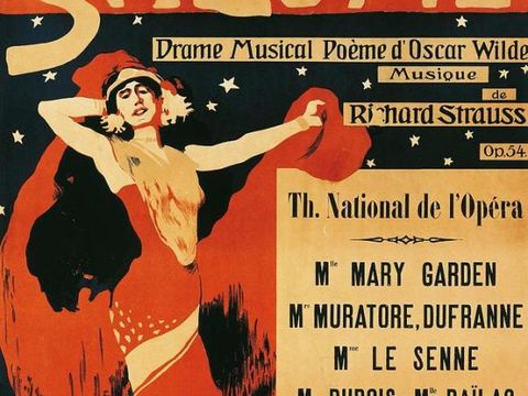 Historisches Plakat, Aufführung der Oper „Salomé“ aus dem Jahre 1910 mit Salomé-Figur während des Schleiertanzes