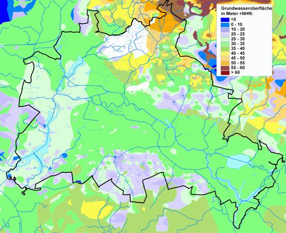 Abb. 7: Grundwasseroberfläche in Berlin und im Umland im Mai 2009 in Meter NHN