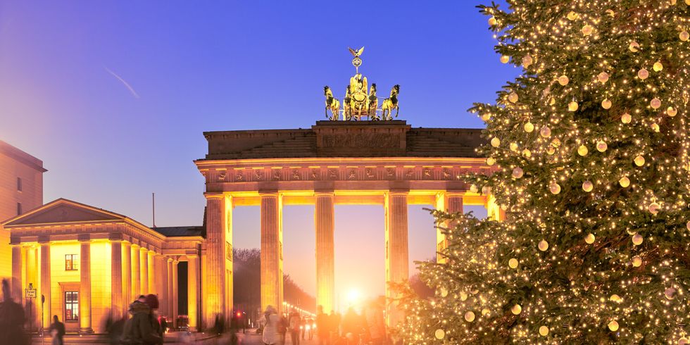 Panoramic image of Christmas tree at Brandenburger Gate in Berlin