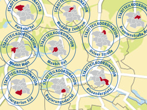 Die 10 Logos der Stadtteilkoordinationen Mitte auf einer Berlin-Karte
