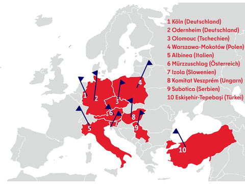 Europakarte mit Städtepartnern Treptow-Köpenicks
