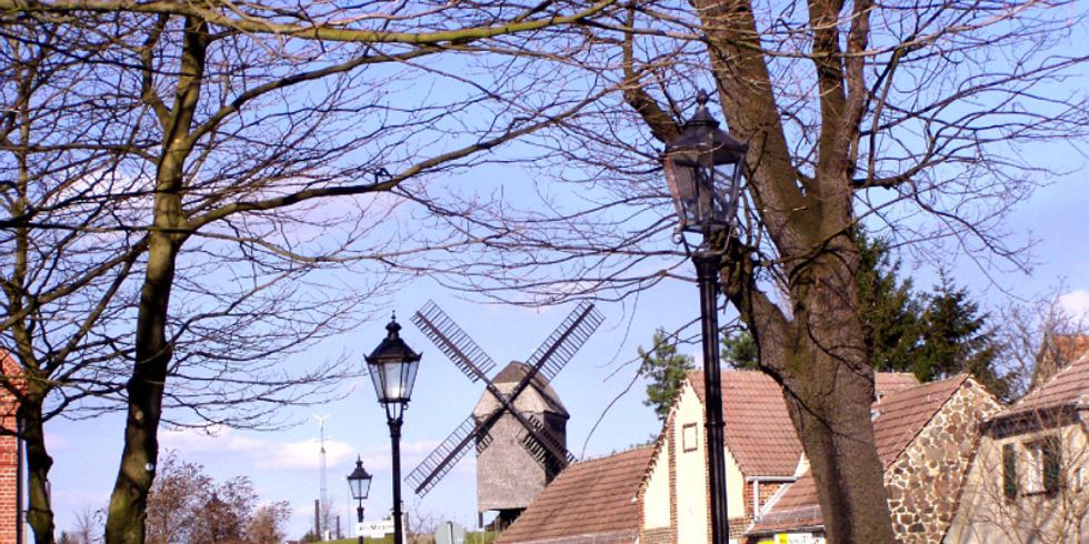 Blick auf den Anger vom Dorf Marzahn mit Blick auf die Bockwindmühle