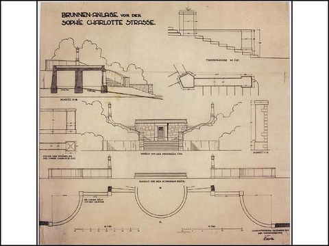 Erwin Barth - Lietzenseepark, Brunnenanlage an der Sophie-Charlotte-Straße, Entwurf, M 1:50, 1:20, 1919, Tusche/Transp