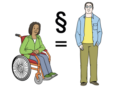 Eine Schwarze Frau im Rollstuhl auf der linken Seite wird durch ein Paragrafen-Zeichen und ein Gleichheitszeichen gleichgesetzt mit einem Weißen Mann