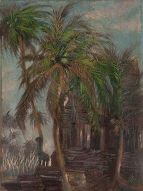 Bildvergrößerung: Gemälde mit Palmen am Strand.
