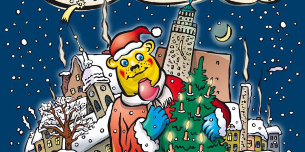 Das Plakat für den 46. Alt-Rixdorfer Weihnachtsmarkt zeiugt den Berliner Bären als Weihnachtsmann vor dem Neuköllner Rathaus und der Alten Schmiede mit Buden und dem Neuköllner Wappen.