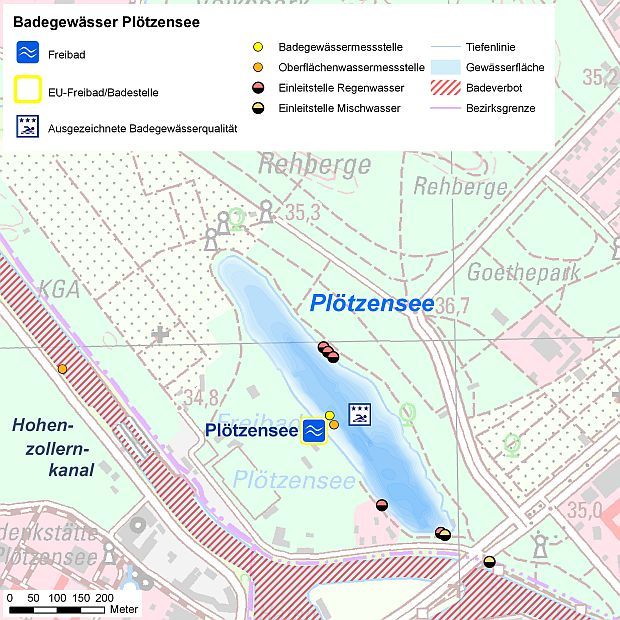 Abb. 1:Übersicht des Badegewässers Plötzensee mit EU-Badestelle, Probenahmestelle und Einleitstellen.