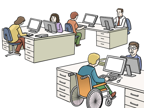Sechs Menschen sitzend an ihren Schreibtischen am Computer in einem Großraumbüro