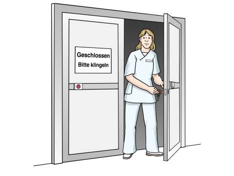  Eine Krankenschwester öffnet die Tür einer geschlossenen Abteilung