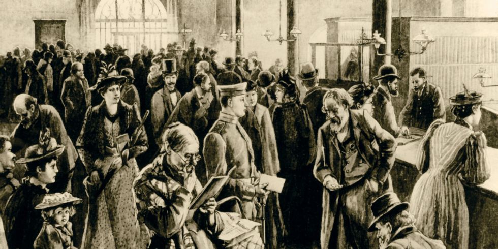 Schaltterraum der Berliner Sparkasse im Mühlendammgebäude nach einer Zeichnung von Albert Kiekebusch 1894