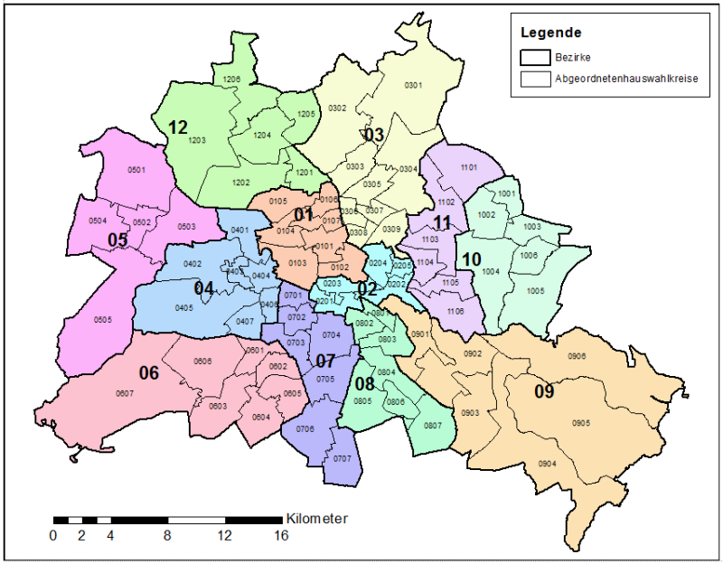 Karte der Abgeordnetenhauswahlkreise 2016