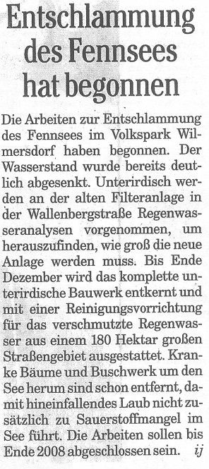 Berliner Morgenpost vom 9. 10. 2006 zur Fennseesanierung