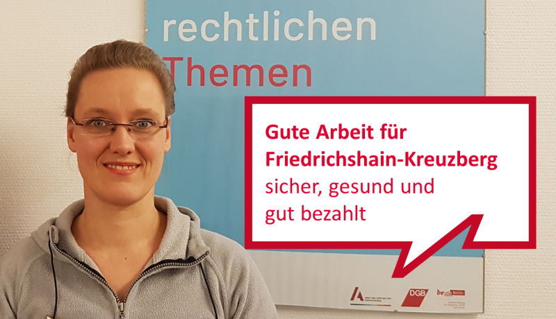 Die Beauftragte für Gute Arbeit, Romana Wittmer, mit Sprechblase "Gute Arbeit für Friedrichshain-Kreuzberg"