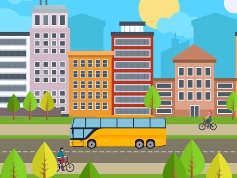 Illustration: Stadt mit Gebäude, Straße mit Bus und Radfahrer und Grünfläche