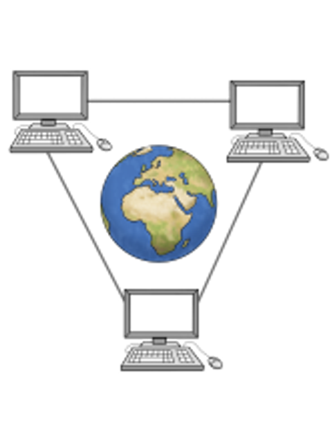 Illustration: drei Computer sind verbunden, in der Mitte eine Weltkugel