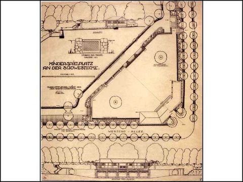 Erwin Barth - Sachsenplatz (Brixplatz), Entwurf zum Kinderspielplatz, M 1:100, 1:20, 1919, Tusche/Transp.