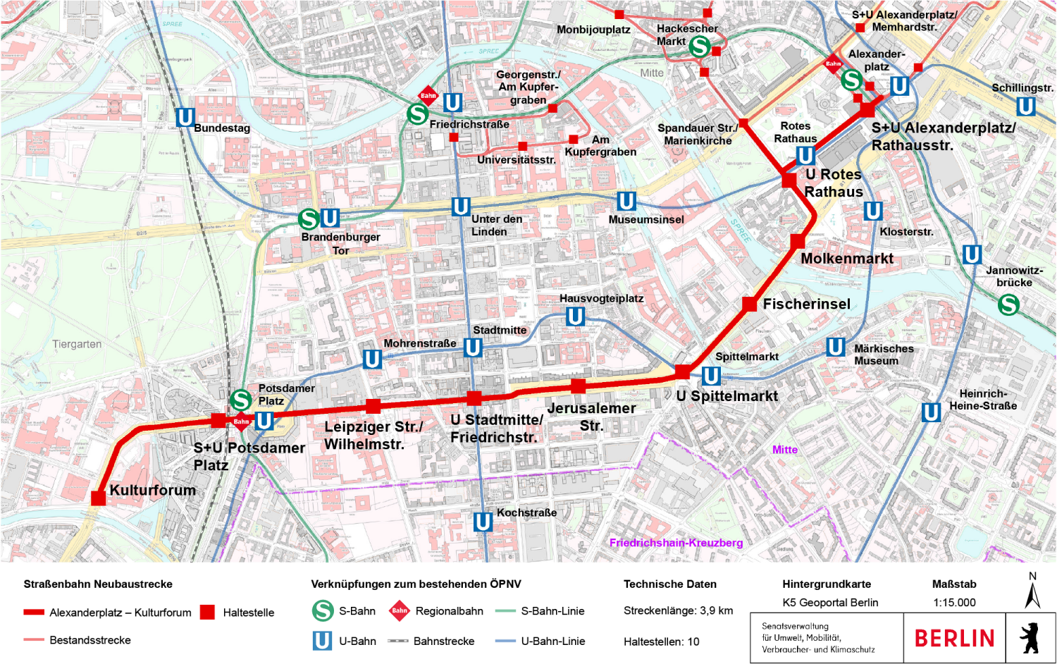 Bildvergrößerung: Übersichtsplan zur Straßenbahnneubaustrecke Alexanderplatz – Potsdamer Platz/Kulturforum