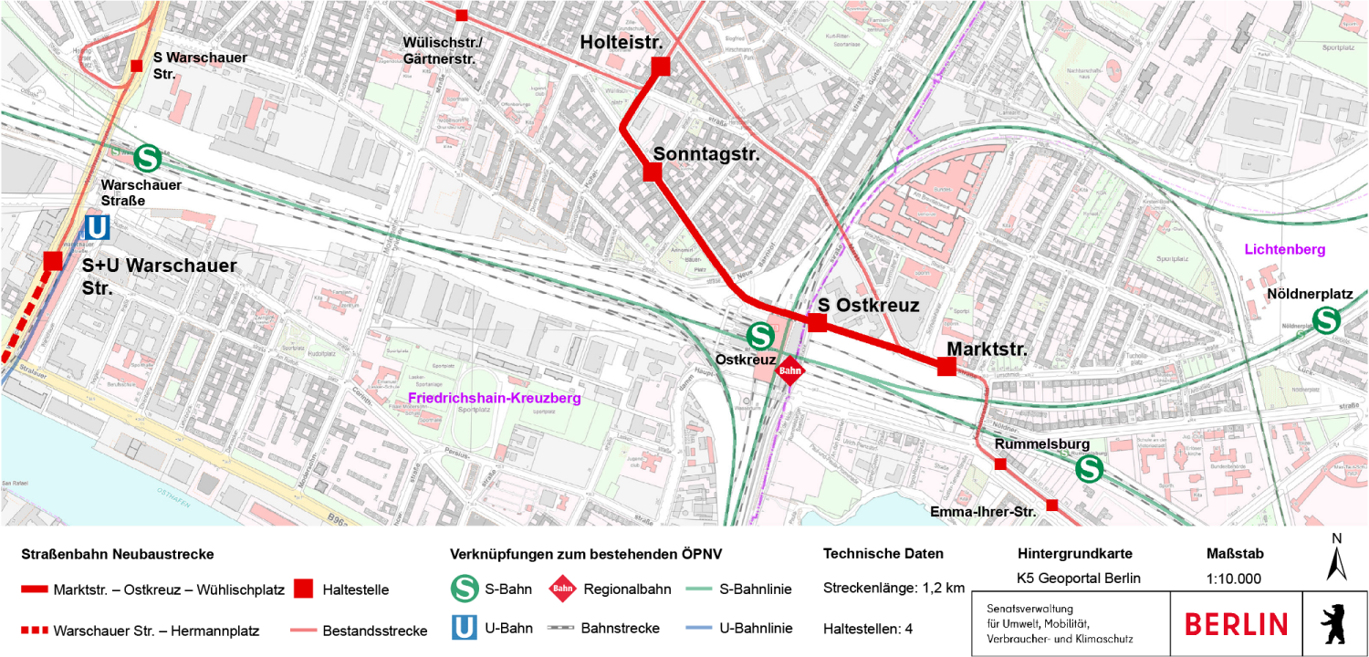 Bildvergrößerung: Übersichtsplan zur Straßenbahnneubaustrecke Marktstraße – Ostkreuz – Wühlischplatz