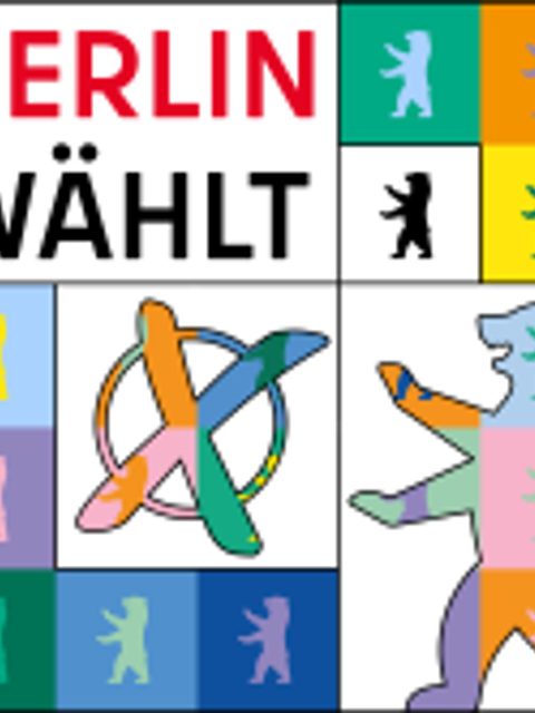 Logo "BERLIN WÄHLT" - Bunte Berlin-Bären und Wahl-Kreuz