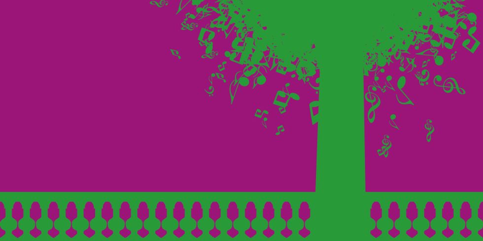 ein stilisierter grüner Baum mit Baumkrone aus Musiknoten vor lila Hintergrund