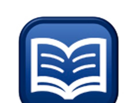 Blaues Symbol mit einem aufgeschlagenen Buch in stilisierter Form als Aufschrift
