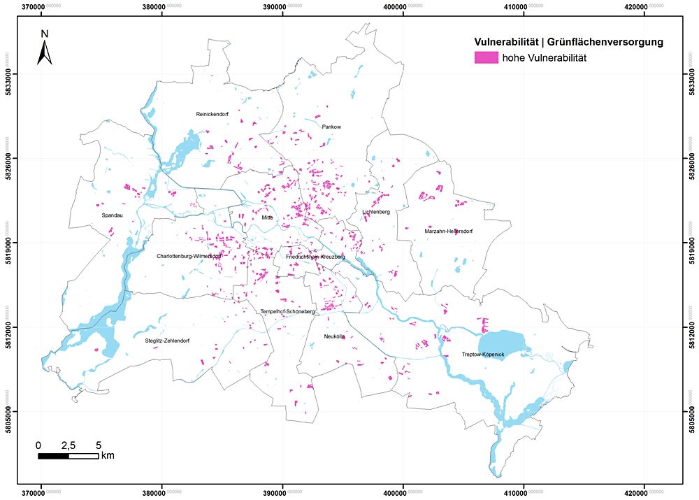 Bildvergrößerung: Räumliche Darstellung von Flächen mit einer besonderen Vulnerabilität gegenüber dem Stadtklima aufgrund einer Grünflächenunterversorgung in Berlin