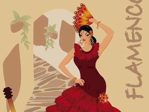 Flamenco Tänzerin mit Fächer in der Hand und Gitarre an der Wand