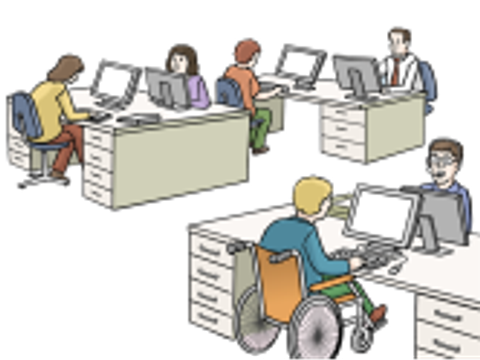 Grafik eines Büros mit jeweils zwei Personen an drei Schreibtischen, eine davon im Rollstuhl