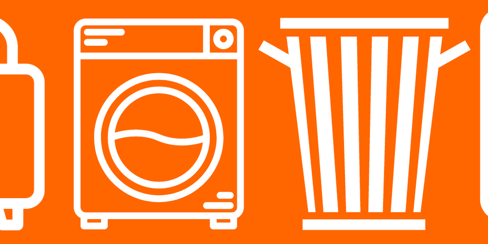 Sofa, Waschmaschine, Mülleimer, Kühlschrank Icons in weiß auf organgefarbigem Hintergrund
