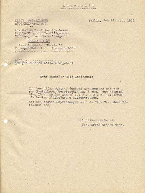 Bildvergrößerung: Glückwunschschreiben der Apotheken-Agentur Erich Wechselmann Berlin an den neuen Inhaber der Mohren-Apotheke am 18. November 1935