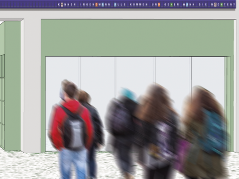 Bildvergrößerung: Grafik von Schülern mit Rucksäcken vor einem Gebäude.
