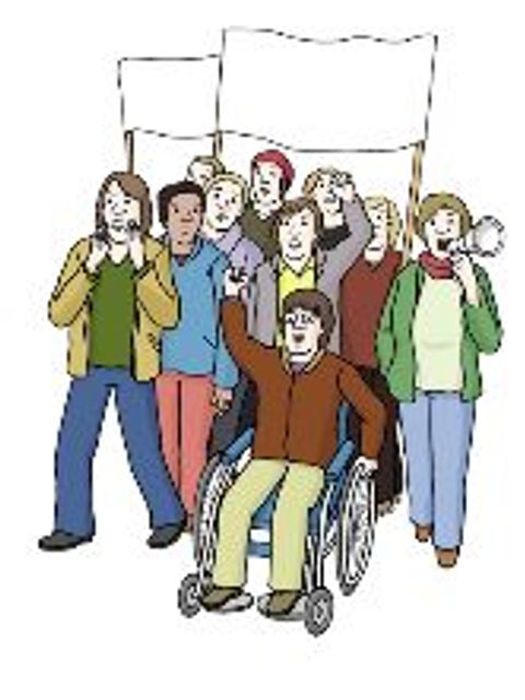 Illustration Demo, Mann im Rollstuhl, protestierende Menschen dahinter