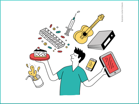 Zeichnung eines Pflegefachmanns, der mit Tablet, Ordner, Spritze, Medikamenten und Tortenstück jongliert