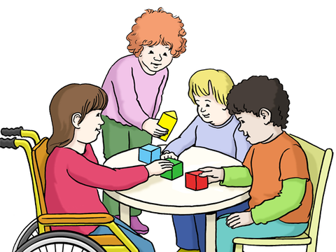 Illustration von Kindern, die an einem Tisch sitzen und spielen