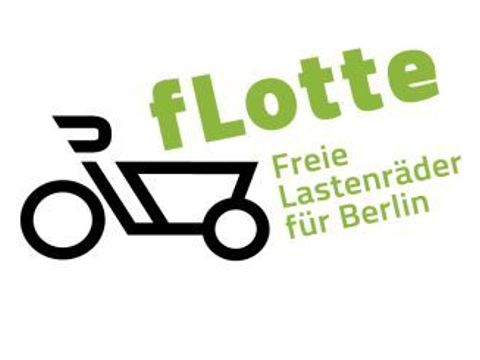 Piktogramm eines Lastenrades in schwarz auf weißem Grund mit grünem Schriftzug Flotte freie Lastenräder für Berlin