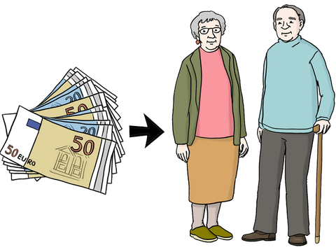 Illustration von Geldscheinen mit einem Pfeil, der auf ein Rentnerehepaar zeigt