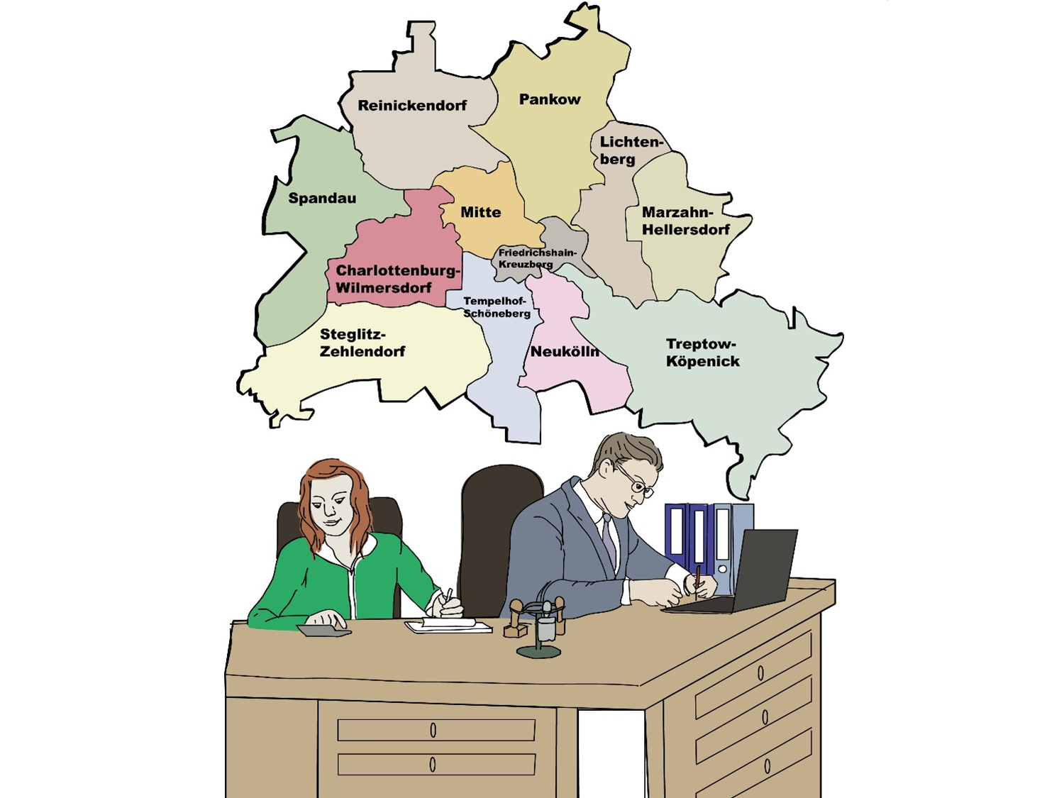 Frau und Mann arbeiten in einem Büro mit der Bezirkskarte von Berlin im Hintergrund