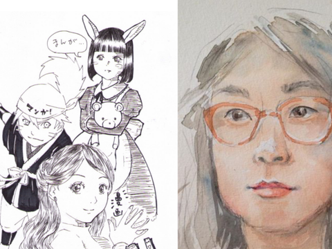Manga-Figuren und Selbstportrait Ai Yokoyama im Manga-Stil