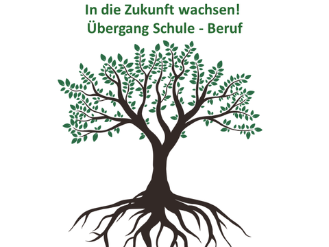Logo Übergang Schule-Beruf dargestellt durch einen Baum mit Wurzeln und Blättern