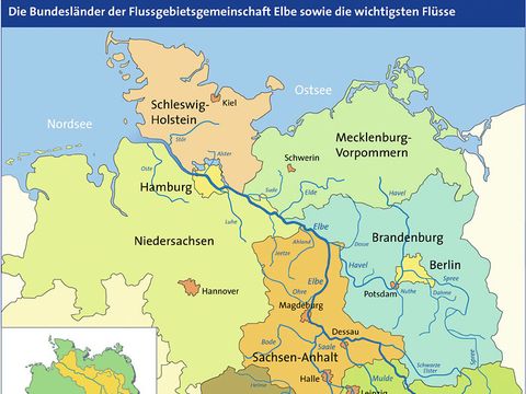 Die Bundesländer der Flussgebietsgemeinschaft Elbe sowie die wichtigsten Flüsse