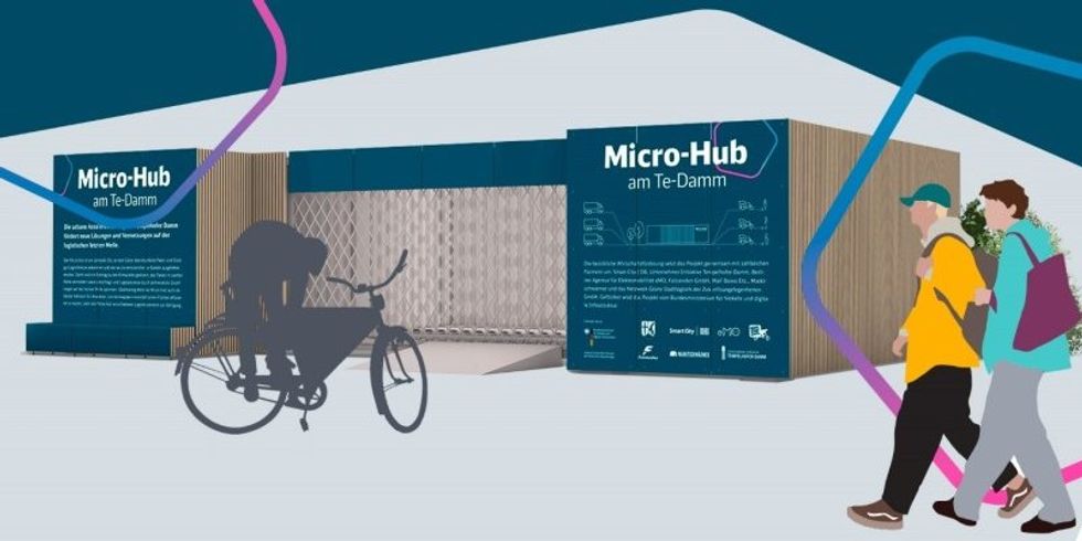 Grafik: Menschen gehen am Micro Hub vorbei und ein Mensch schließt sein Fahrrad an.