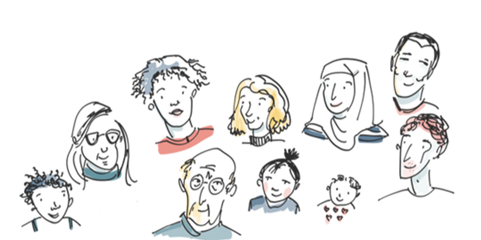 Abstrakte Buntstift-Zeichnung: Eine Gruppierung von neun Portraits verschiedener Menschen mit offensichtlich unterschiedlicher Herkunft, Religion und Geschlecht als Zeichen für Diversität