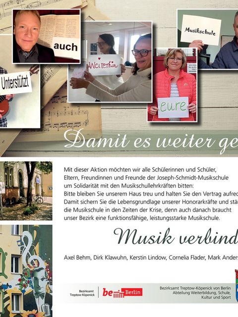 Bildvergrößerung: Plakat zur Unterstützung der Joseph-Schmidt-Musikschule