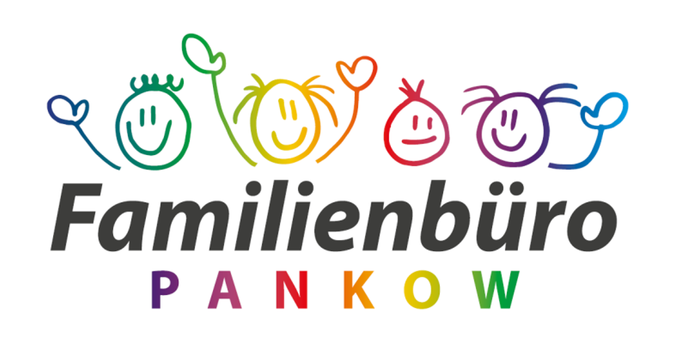 Das Logo des Familienbüros Pankow zeigt 4 farbige, gezeichnete Konderköpfe, die lachen
