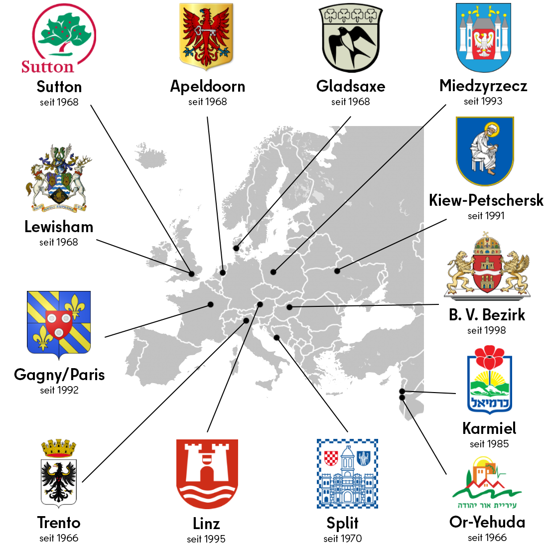 Bildvergrößerung: Die internationalen Partnerstädte von Charlottenburg-Wilmersdorf auf einer Landkarte.
